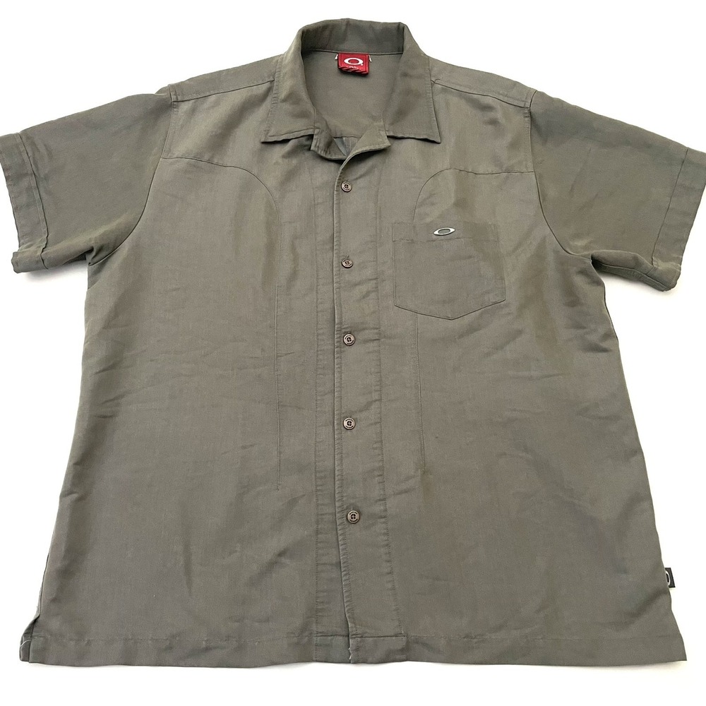 Vintage Y2K Oakley Short Sleeve Button Up Shirt XL Green Metallic 3D Logo Skate